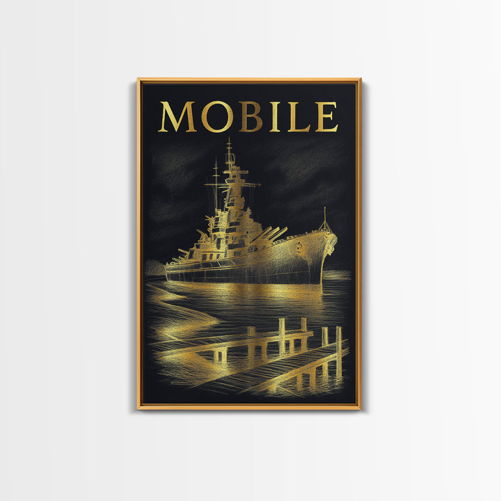 Mobile Alabama Travel Poster, Canvas Print, Black And Gold Line Art, Mobile Wall Art, Vintage City Art, City Illustration, Wall Art