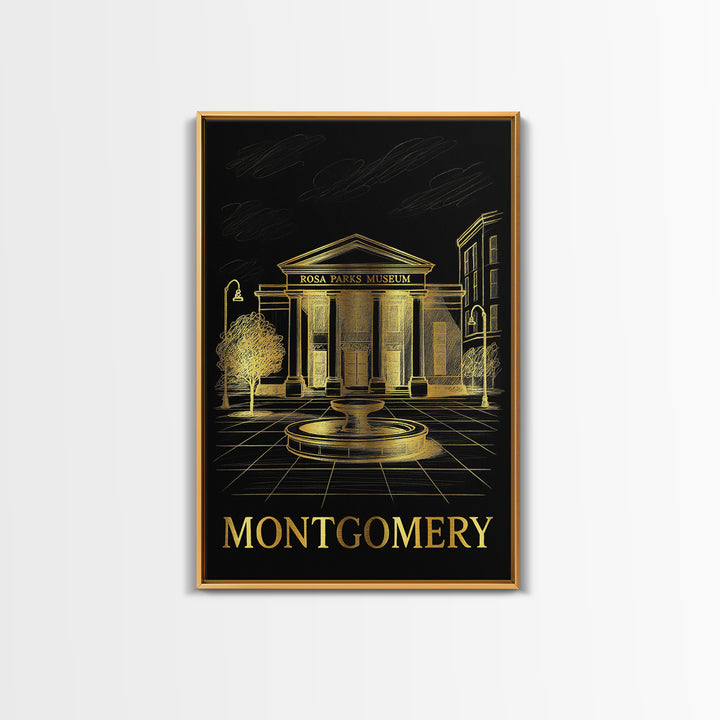 Montgomery Travel Poster, Framed Canvas Print, Gold Sketch Wall Art, Montgomery Art Print, Watercolor Skyline, Wanderlust Decor