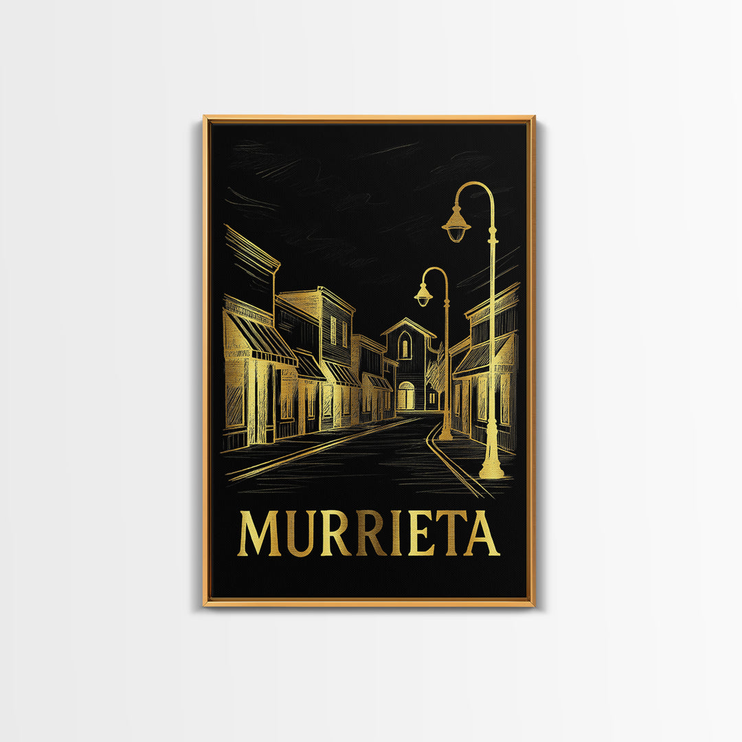 Murrieta Travel Poster, Framed Canvas Print, Gold Sketch Wall Art, Murrieta Poster Print, Mid Century Wall Art, Watercolor Downtown Skyline