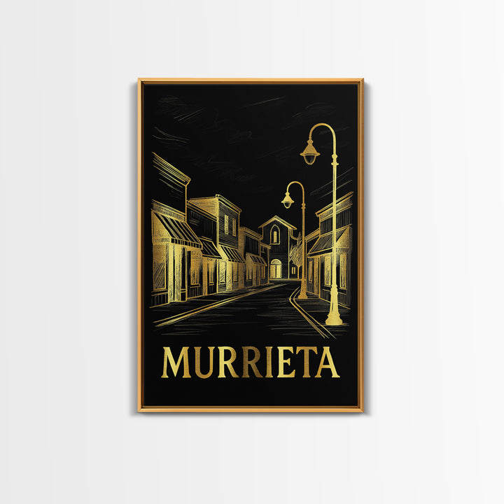 Murrieta Travel Poster, Framed Canvas Print, Gold Sketch Wall Art, Murrieta Poster Print, Mid Century Wall Art, Watercolor Downtown Skyline