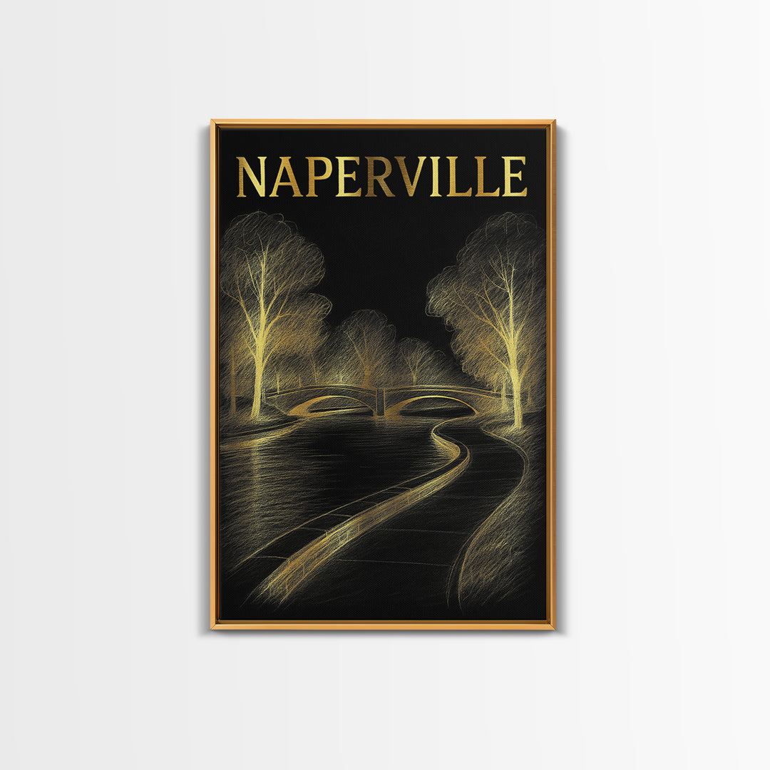 Naperville Illinois Travel Poster, Framed Canvas Print, Elegant Gold City Art, Naperville Art Print, Gift For Travelers, Travel Poster Set