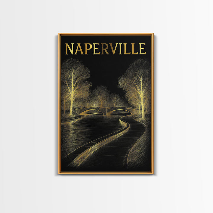Naperville Illinois Travel Poster, Framed Canvas Print, Elegant Gold City Art, Naperville Art Print, Gift For Travelers, Travel Poster Set