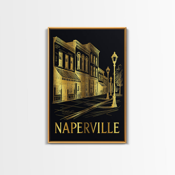 Naperville Travel Poster, Canvas Print, Elegant Gold City Art, Naperville City Art, City Art Print, Watercolor Skyline, City Illustration