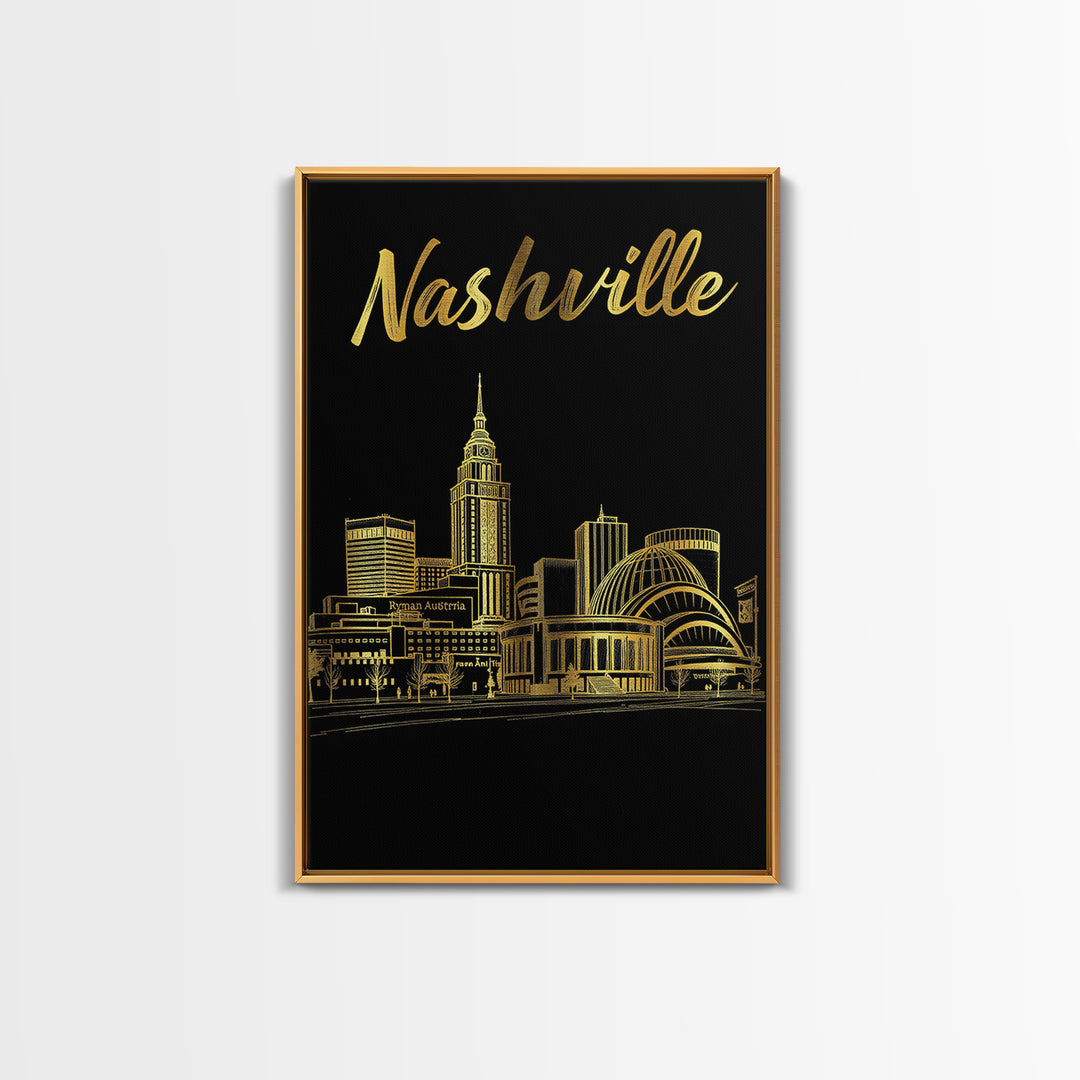 Nashville Travel Poster, Framed Canvas Print, Elegant Gold City Art, Nashville Wall Art, Modern Wall Decor, City Illustration, Wall Art