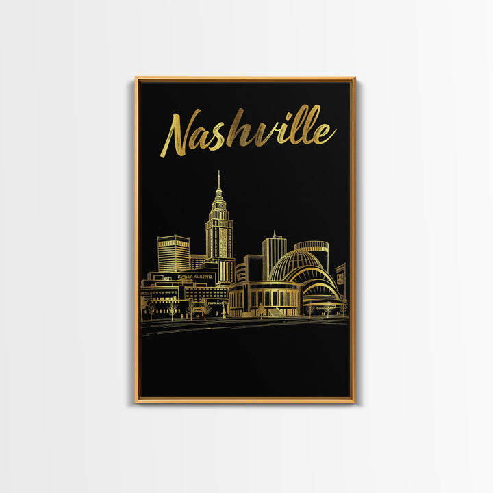 Nashville Travel Poster, Framed Canvas Print, Elegant Gold City Art, Nashville Wall Art, Modern Wall Decor, City Illustration, Wall Art