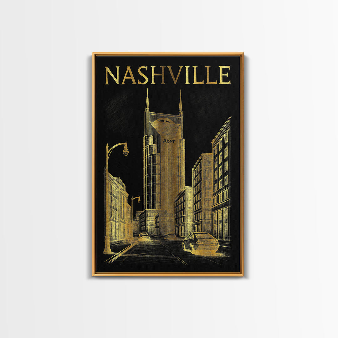 Nashville Travel Poster, Canvas Print, Dark Background Poster Art, Nashville City Art, Wanderlust Decor, Living Room Wall Art, Design 3
