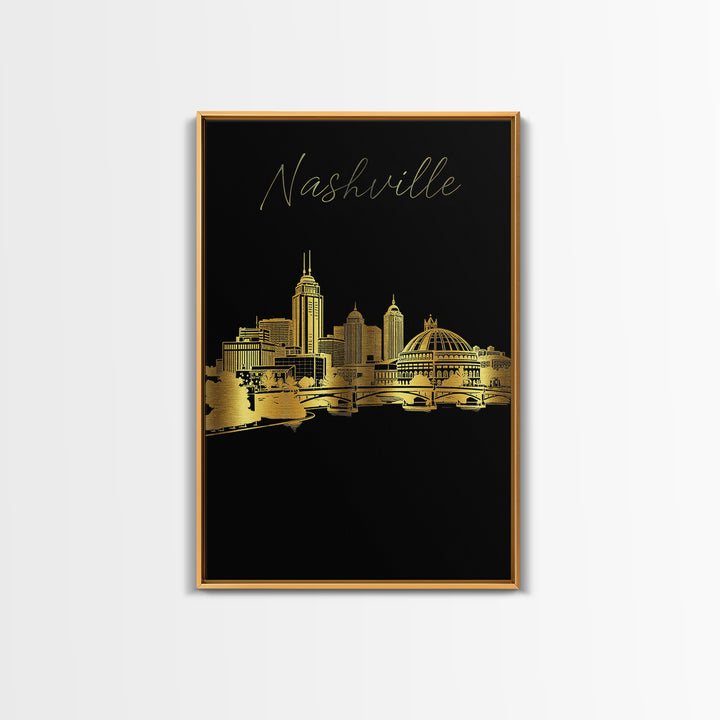 Nashville Travel Poster, Framed Canvas Print, Black And Gold Line Art, Nashville Travel Art, Travel Art Print, Watercolor Downtown Skyline