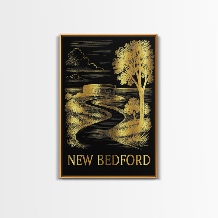 New Bedford Travel Poster, Framed Canvas Print, Elegant Gold City Art, New Bedford Wall Art, City Travel Prints, Gift For Travelers