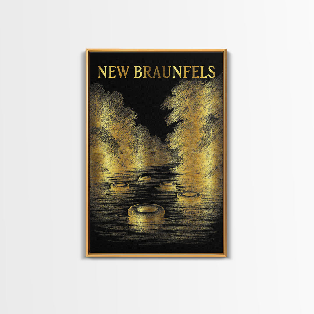 New Braunfels Texas Travel Poster, Canvas Print, Black And Gold Line Art, New Braunfels Art Print, Mid Century Wall Art, Vintage City Art