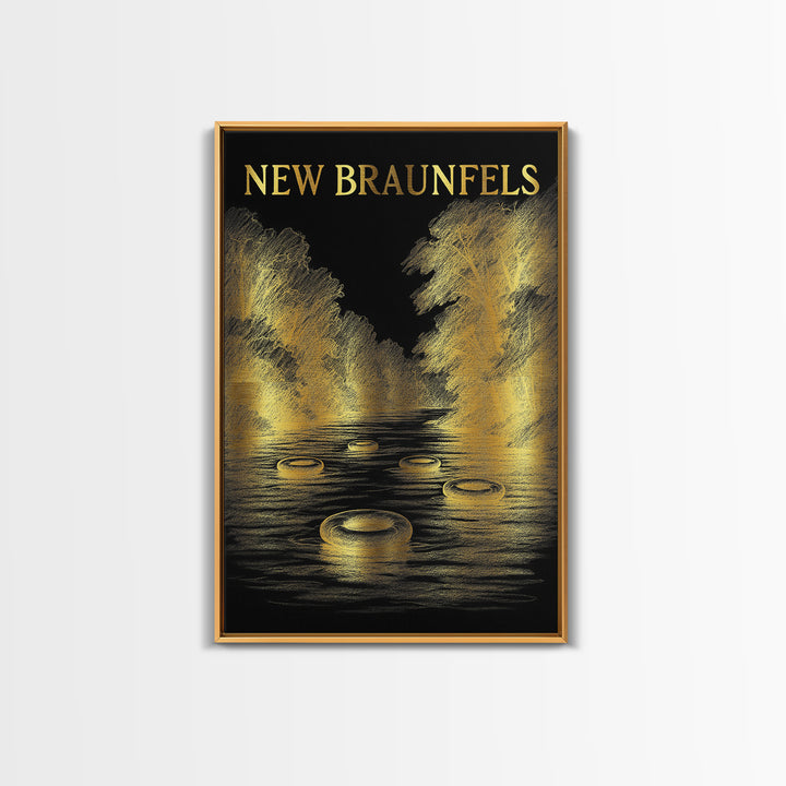 New Braunfels Texas Travel Poster, Canvas Print, Black And Gold Line Art, New Braunfels Art Print, Mid Century Wall Art, Vintage City Art