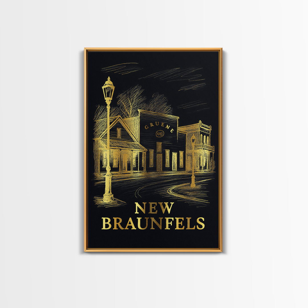 New Braunfels Travel Poster, Framed Canvas Print, Gold Sketch Wall Art, New Braunfels Wall Art, Gift For Travelers, Vintage City Poster