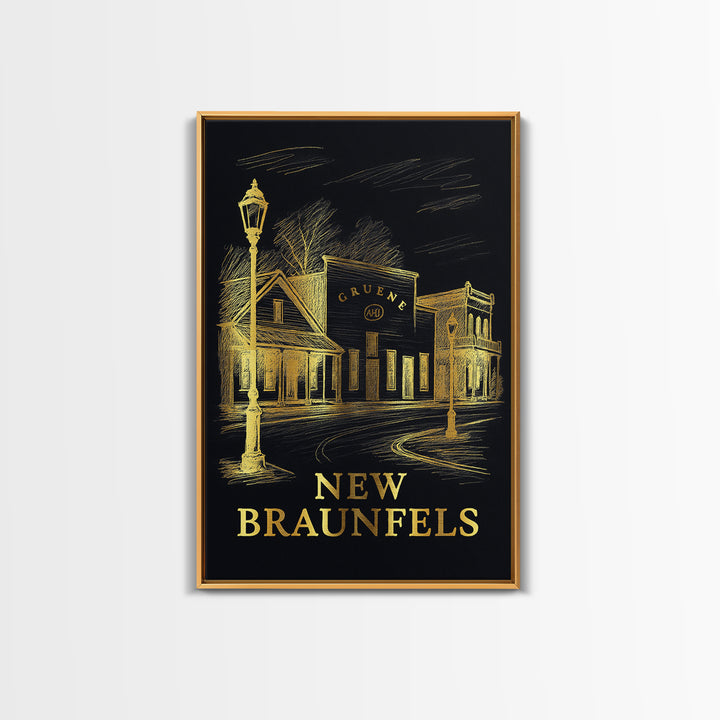 New Braunfels Travel Poster, Framed Canvas Print, Gold Sketch Wall Art, New Braunfels Wall Art, Gift For Travelers, Vintage City Poster