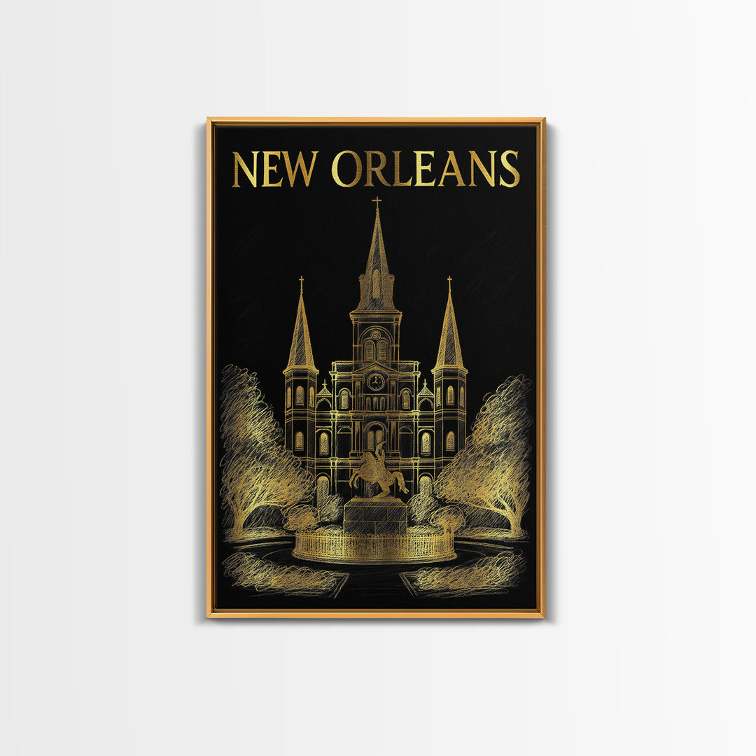New Orleans Louisiana Travel Poster, Canvas Print, Elegant Gold City Art, New Orleans Poster Print, City Illustration, Home Office Decor