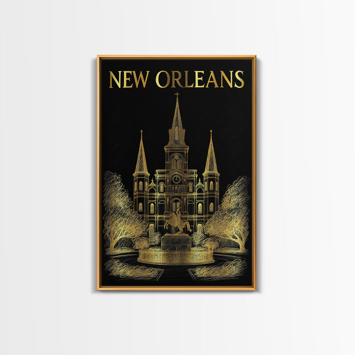 New Orleans Louisiana Travel Poster, Canvas Print, Elegant Gold City Art, New Orleans Poster Print, City Illustration, Home Office Decor