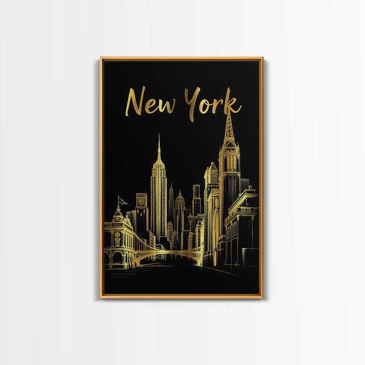 New York Travel Poster, Framed Canvas Print, Elegant Gold City Art, New York Art Print, City Art Print, City Travel Prints, Travel Decor