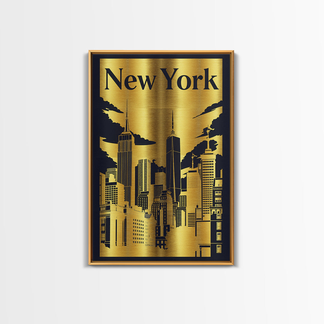 New York Travel Poster, Canvas Print, Black And Gold Line Art, New York Poster Print, Watercolor Skyline, City Illustration, Design 4