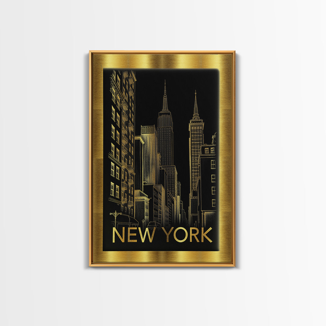 New York Travel Poster, Canvas Print, Black And Gold Line Art, New York Travel Art, City Travel Prints, Travel Poster Set, Travel Wall Art