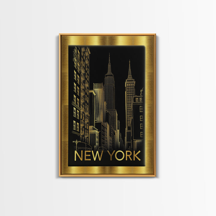 New York Travel Poster, Canvas Print, Black And Gold Line Art, New York Travel Art, City Travel Prints, Travel Poster Set, Travel Wall Art