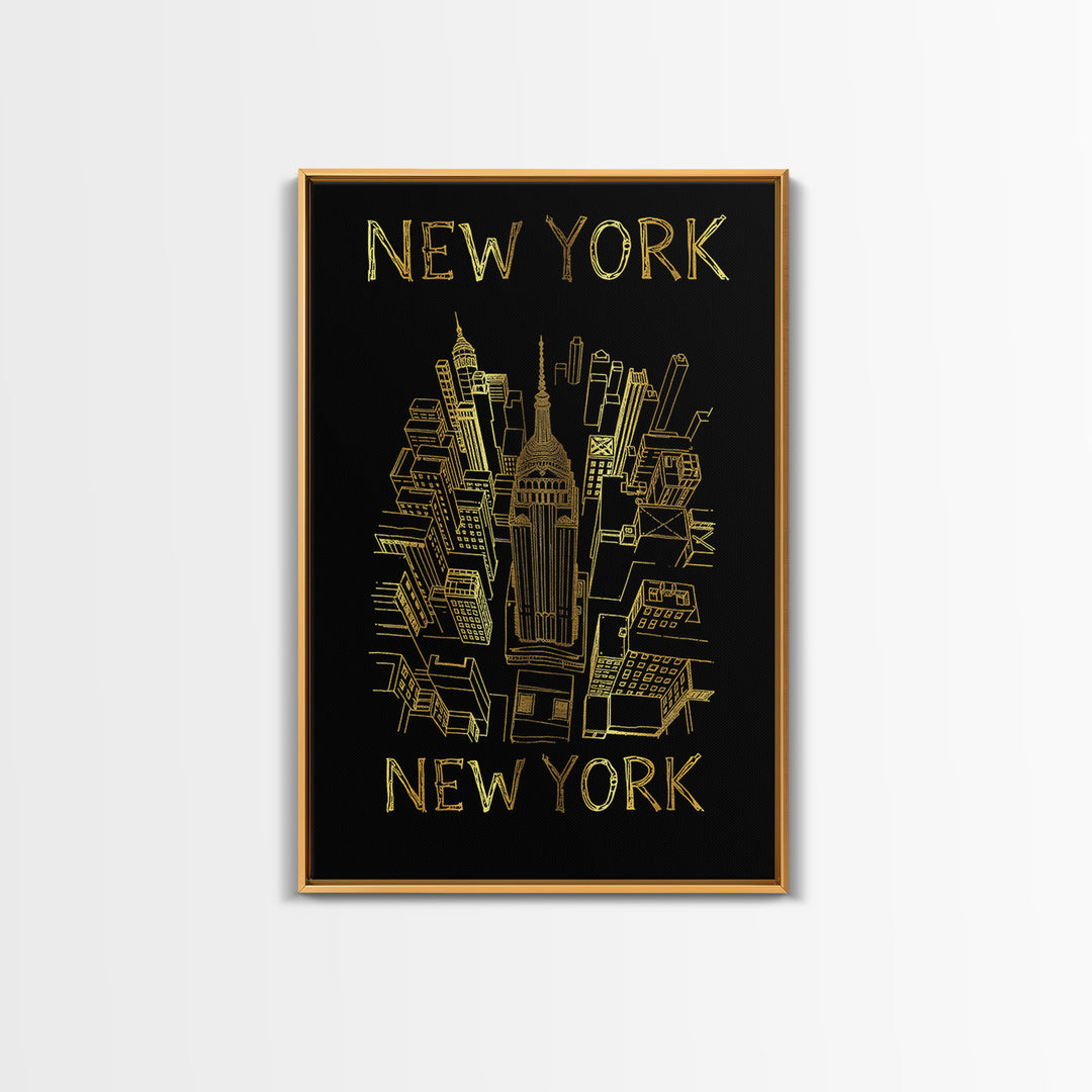 New York Travel Poster, Canvas Print, Black And Gold Line Art, New York City Art, Vintage Travel Art, Mid Century Wall Art, City Art Print
