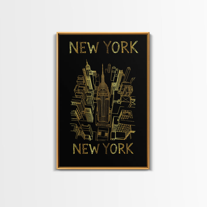 New York Travel Poster, Canvas Print, Black And Gold Line Art, New York City Art, Vintage Travel Art, Mid Century Wall Art, City Art Print