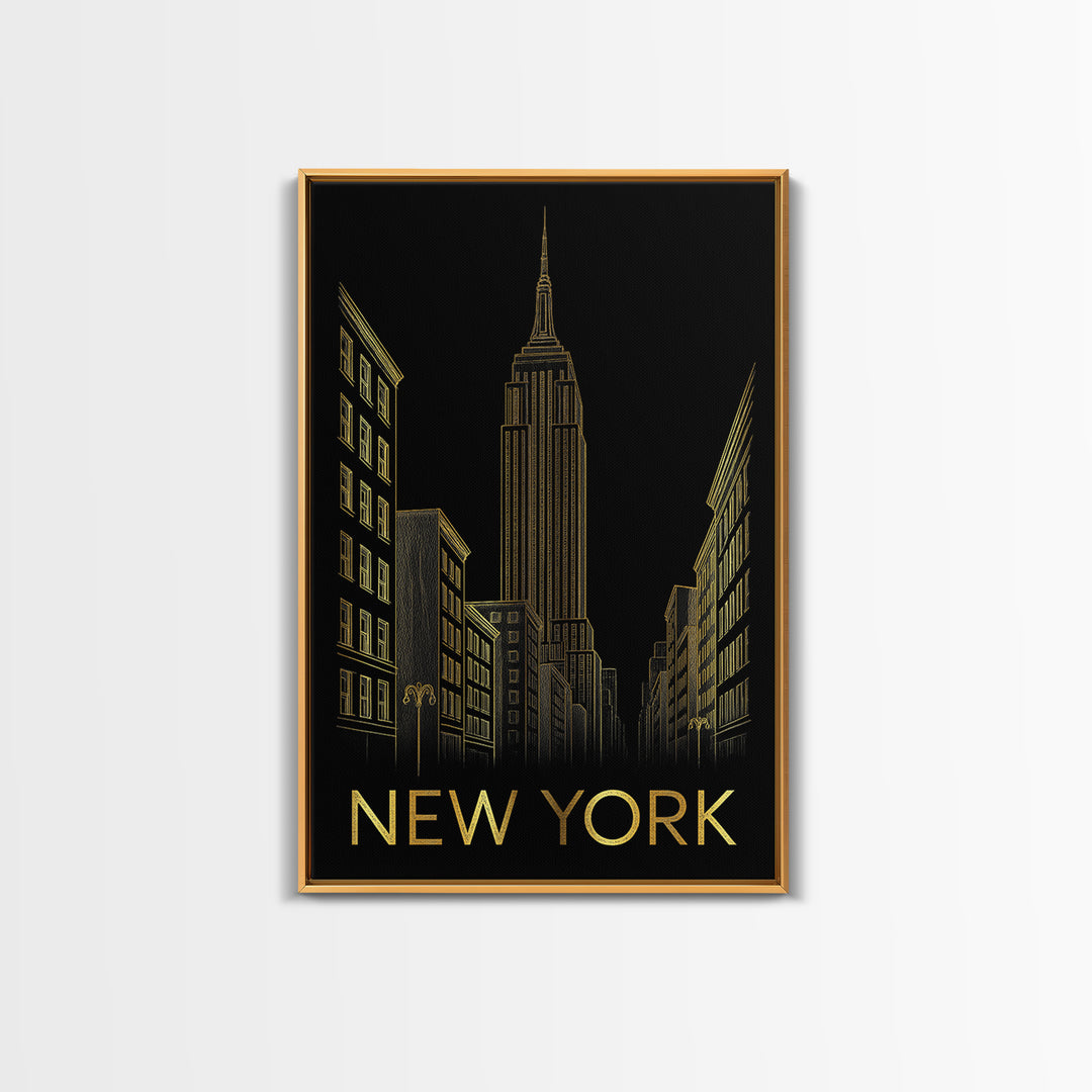 New York Travel Poster, Framed Canvas Print, Black And Gold Line Art, New York Art Print, Fine Art Print, Home Office Decor, Travel Gift