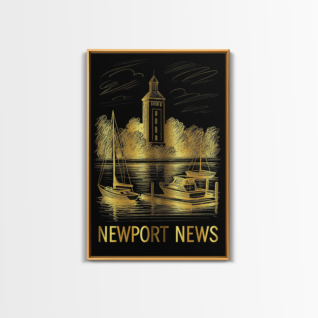 Newport News Travel Poster, Canvas Print, Elegant Gold City Art, Newport News City Art, Travel Wall Decor, City Illustration, Design 2