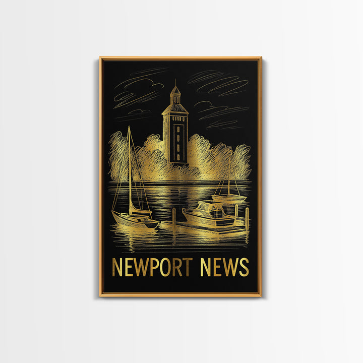 Newport News Travel Poster, Canvas Print, Elegant Gold City Art, Newport News City Art, Travel Wall Decor, City Illustration, Design 2
