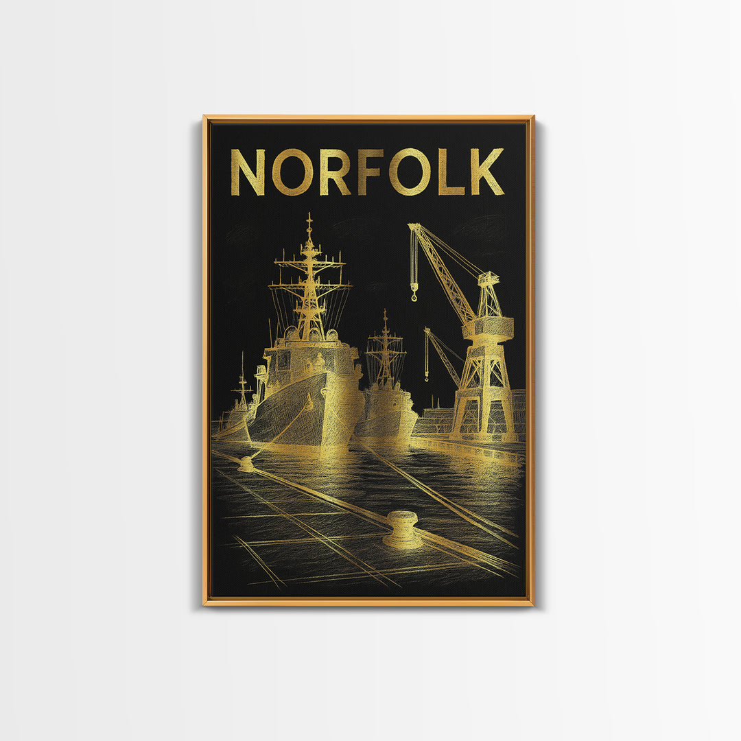 Norfolk Virginia Travel Poster, Framed Canvas Print, Elegant Gold City Art, Norfolk Poster Print, Travel Poster Set, Vintage Travel Art