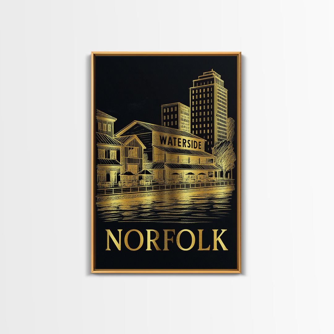 Norfolk Travel Poster, Framed Canvas Print, Gold Sketch Wall Art, Norfolk Wall Art, Home Office Decor, Wanderlust Decor, Gift For Travelers