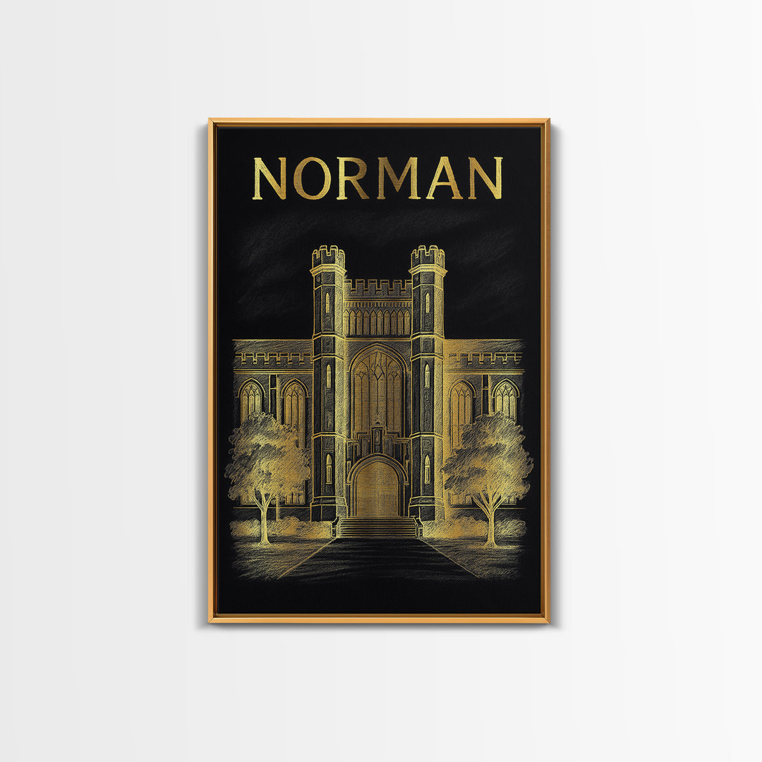 Norman Oklahoma Travel Poster, Canvas Print, Elegant Gold City Art, Norman City Art, Vintage City Poster, Vintage Travel Art, Vintage Poster