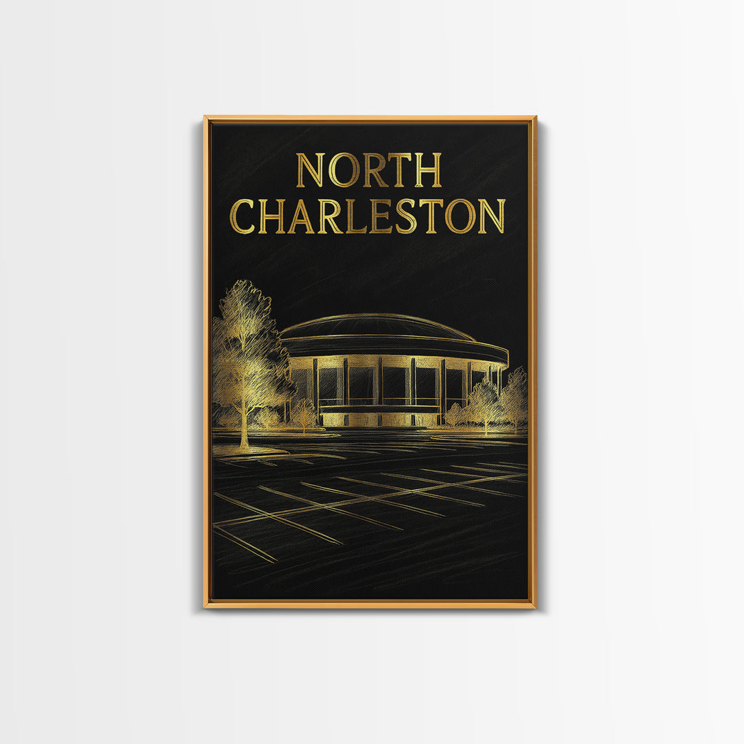 North Charleston Travel Poster, Framed Canvas Print, Black And Gold Line Art, North Charleston Travel Art, Vintage City Art, Poster Art