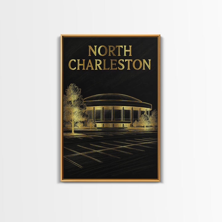 North Charleston Travel Poster, Framed Canvas Print, Black And Gold Line Art, North Charleston Travel Art, Vintage City Art, Poster Art