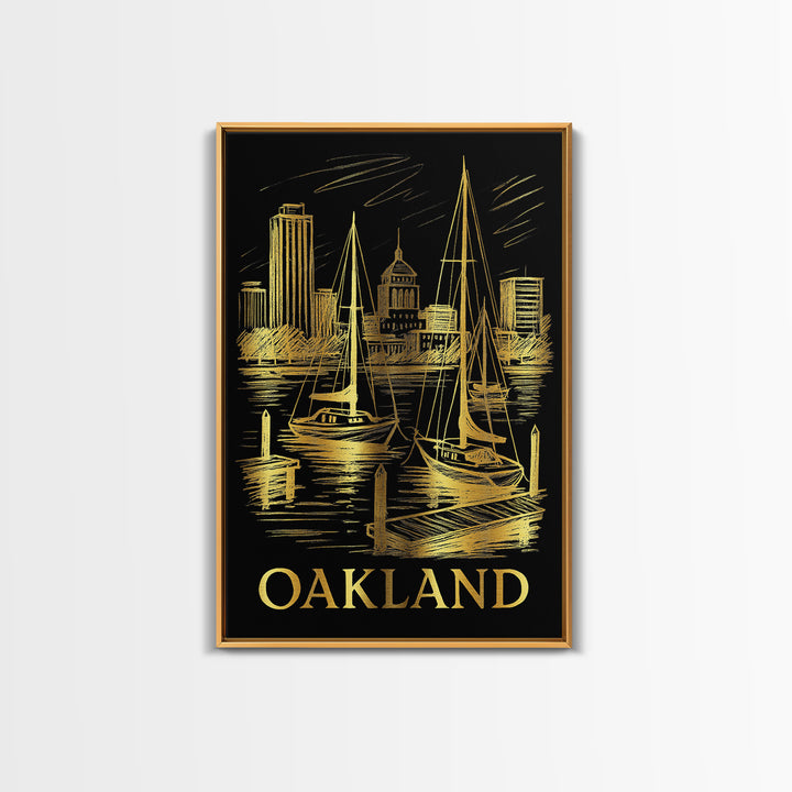 Oakland Travel Poster, Canvas Print, Gold Sketch Wall Art, Oakland Travel Art, Watercolor Downtown Skyline, Travel Poster Set, Travel Art