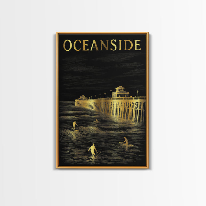 Oceanside California Travel Poster, Canvas Print, Elegant Gold City Art, Oceanside Poster Print, Travel Poster Art, Vintage Travel Art