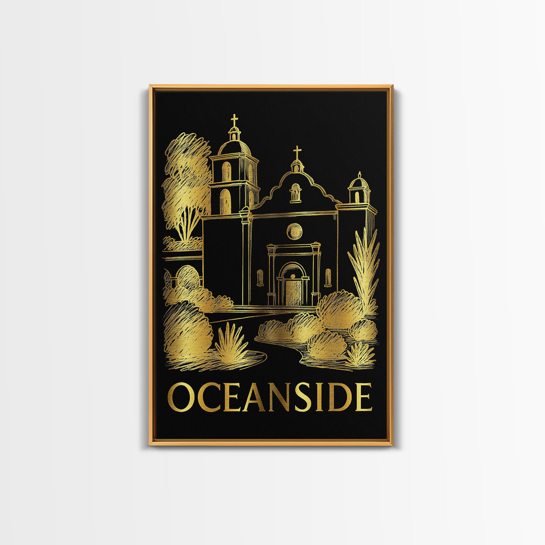 Oceanside Travel Poster, Framed Canvas Print, Black And Gold Line Art, Oceanside Travel Art, Fine Art Print, Eclectic Wall Decor