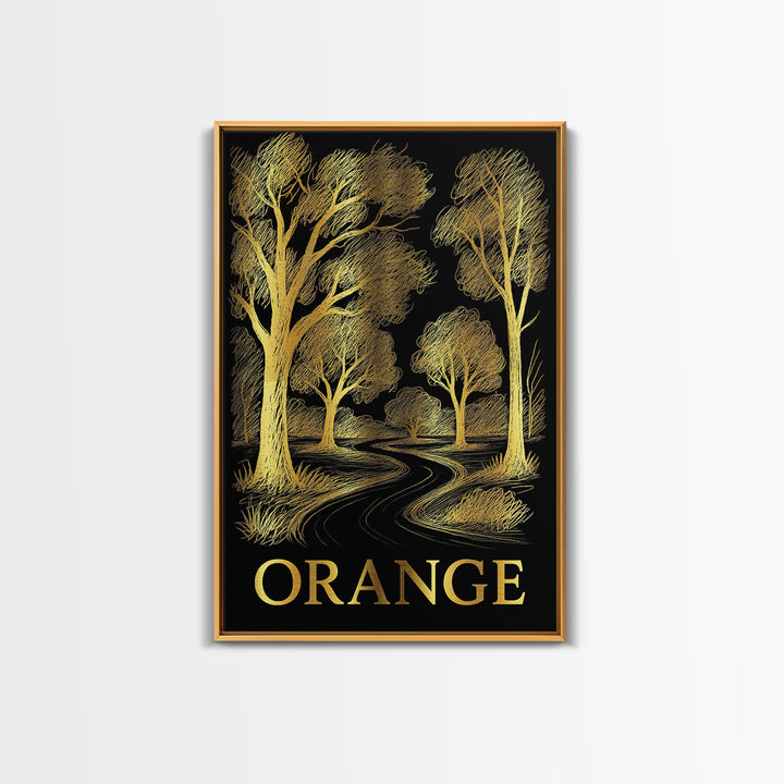 Orange Travel Poster, Canvas Print, Gold Sketch Wall Art, Orange Travel Art, Vintage City Art, Travel Art Print, Living Room Wall Art