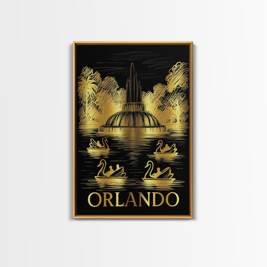 Orlando Travel Poster, Framed Canvas Print, Black And Gold Line Art, Orlando Art Print, Vintage City Poster, City Art Print, Art Print
