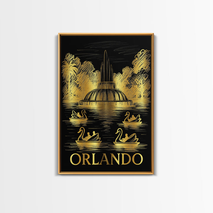 Orlando Travel Poster, Framed Canvas Print, Black And Gold Line Art, Orlando Art Print, Vintage City Poster, City Art Print, Art Print