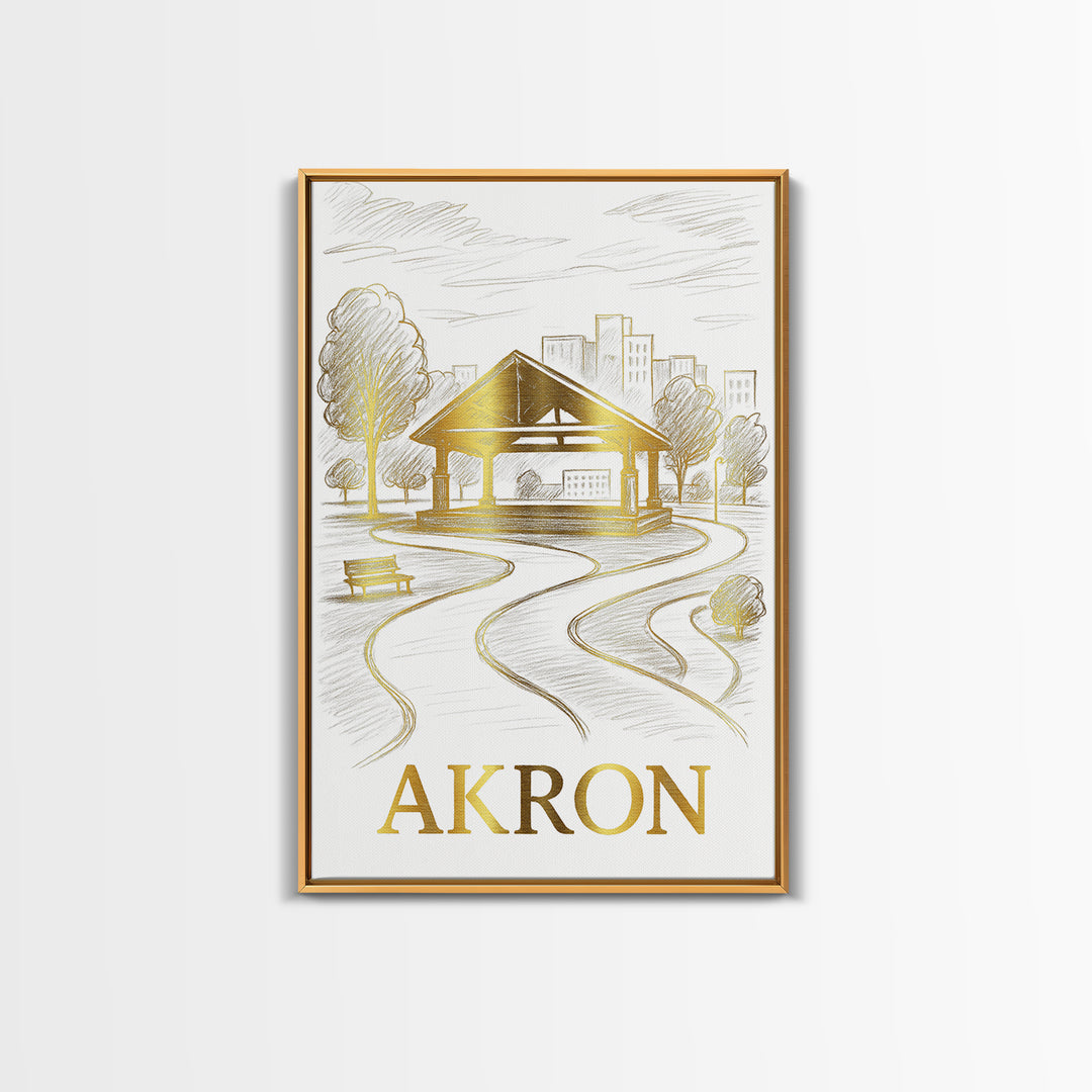 Akron Travel Poster, Framed Canvas Print, Gold Line Drawing Wall Art, Akron City Art, Living Room Wall Art, Travel Wall Decor, Design 2