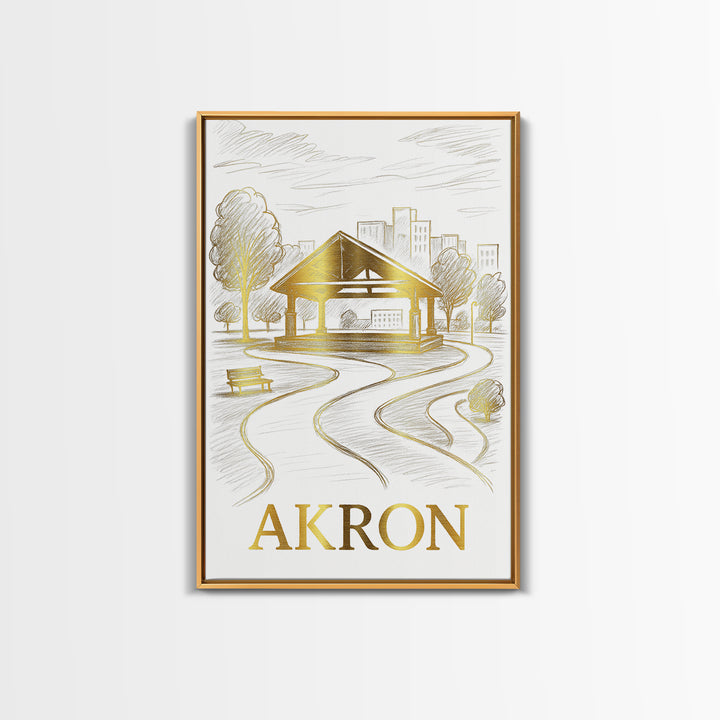 Akron Travel Poster, Framed Canvas Print, Gold Line Drawing Wall Art, Akron City Art, Living Room Wall Art, Travel Wall Decor, Design 2