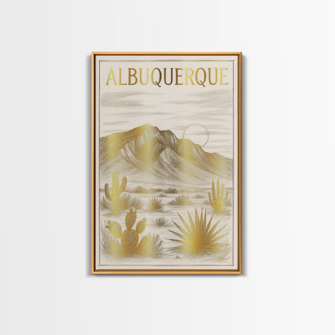 Albuquerque New Mexico Travel Poster, Canvas Print, Gold Line Drawing Wall Art, Albuquerque Art Print, City Art Print, Gift For Travelers