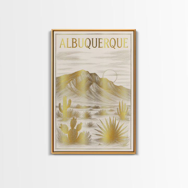 Albuquerque New Mexico Travel Poster, Canvas Print, Gold Line Drawing Wall Art, Albuquerque Art Print, City Art Print, Gift For Travelers