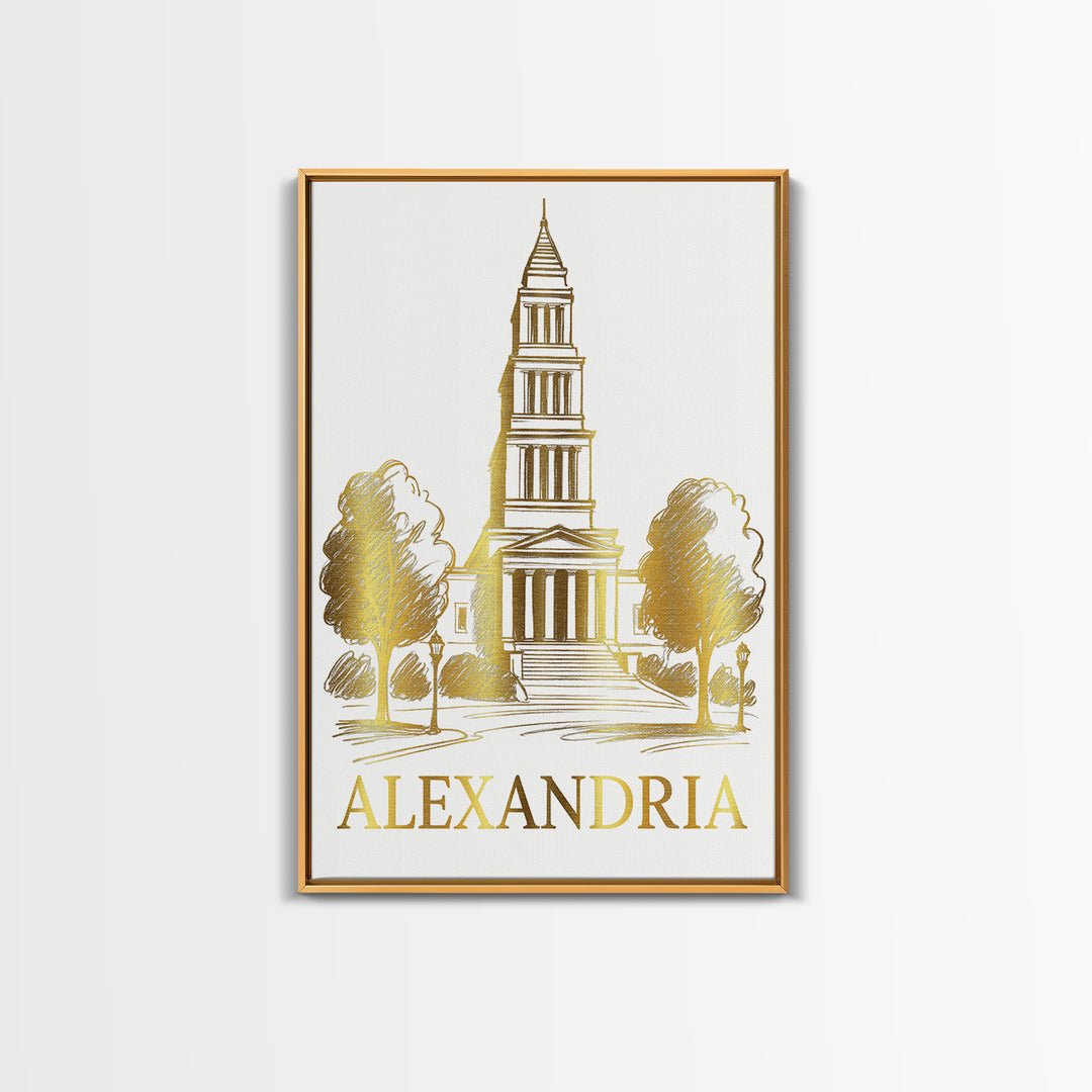 Alexandria Travel Poster, Canvas Print, Gold Line Drawing Wall Art, Alexandria Travel Art, Home Office Decor, Travel Wall Decor