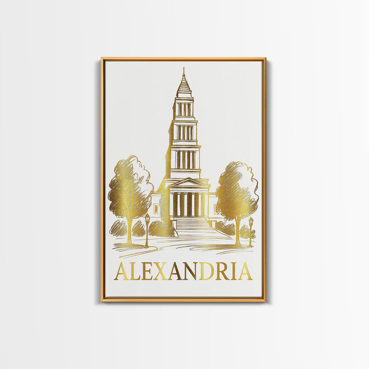 Alexandria Travel Poster, Canvas Print, Gold Line Drawing Wall Art, Alexandria Travel Art, Home Office Decor, Travel Wall Decor