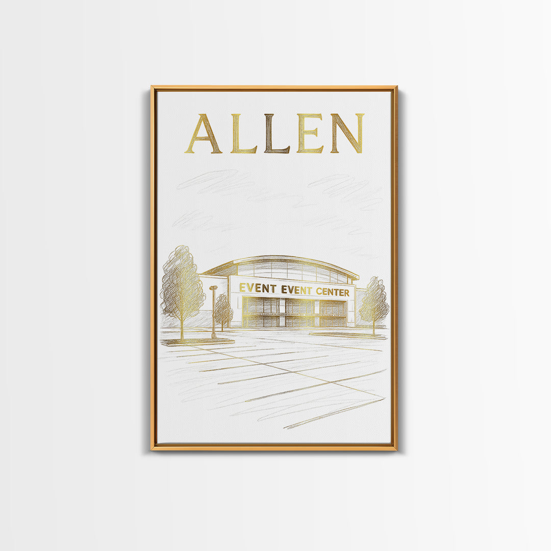 Allen Texas Travel Poster, Canvas Print, Gold Line Drawing Wall Art, Allen Art Print, Office Decor, Wanderlust Decor, Eclectic Wall Decor