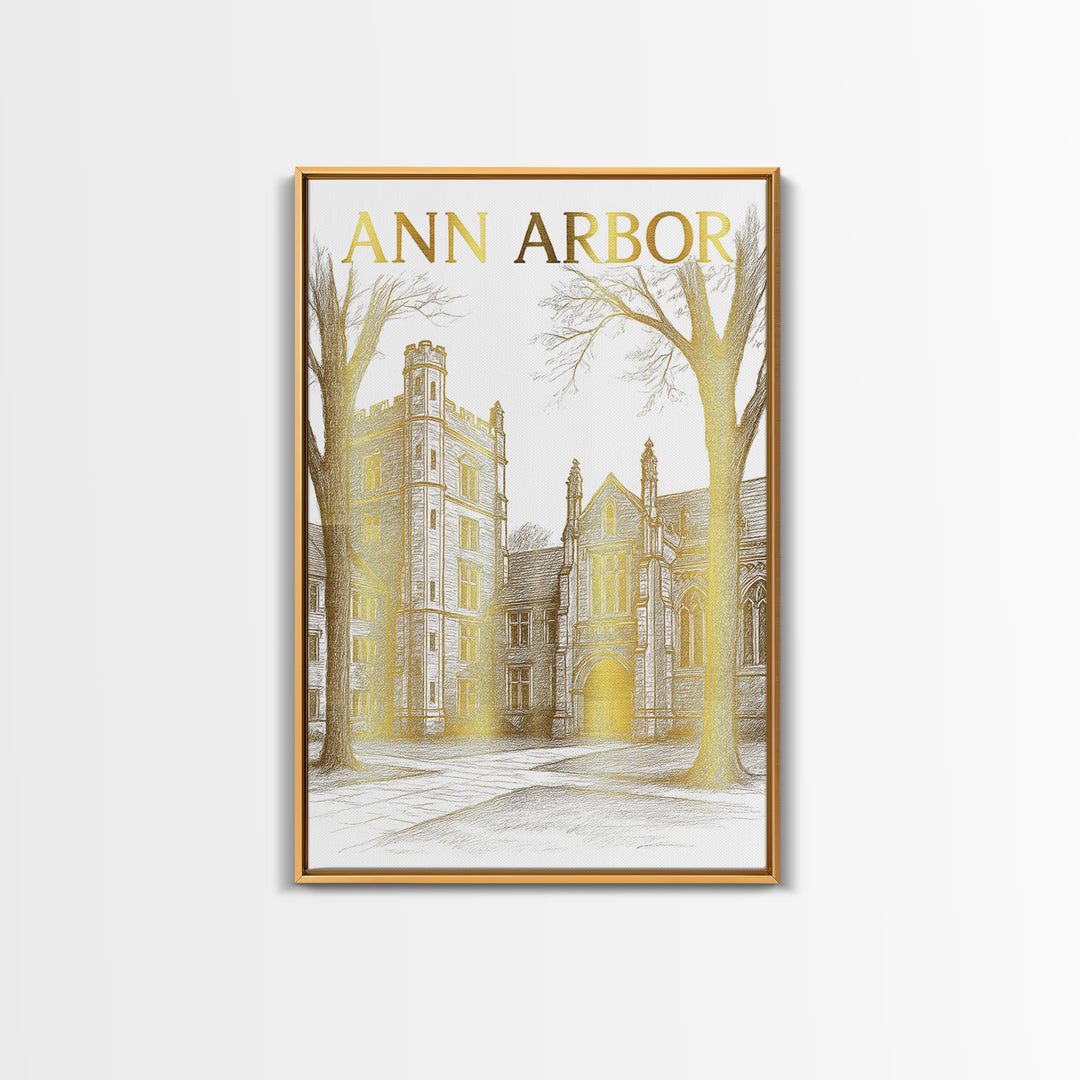 Ann Arbor Michigan Travel Poster, Canvas Print, Gold Line Drawing Wall Art, Ann Arbor Travel Art, Mid Century Wall Art, Travel Wall Decor