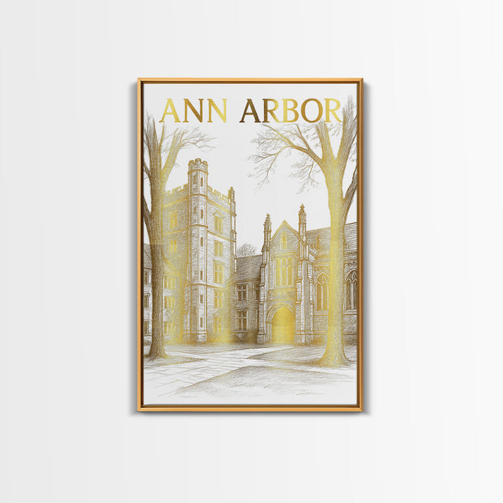 Ann Arbor Michigan Travel Poster, Canvas Print, Gold Line Drawing Wall Art, Ann Arbor Travel Art, Mid Century Wall Art, Travel Wall Decor