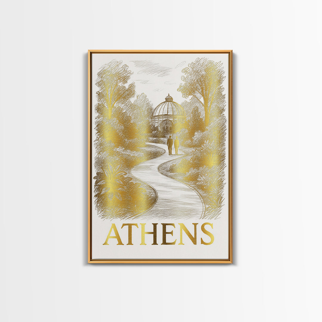Athens Travel Poster, Canvas Print, Gold Line Drawing Wall Art, Athens City Art, Home Office Decor, Gift For Travelers, Mid Century Wall Art