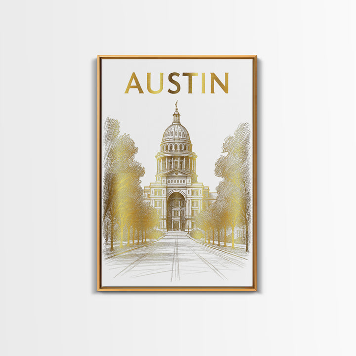 Austin Travel Poster, Framed Canvas Print, Elegant City Illustration, Austin Travel Art, City Travel Prints, Vintage City Art, Design 2