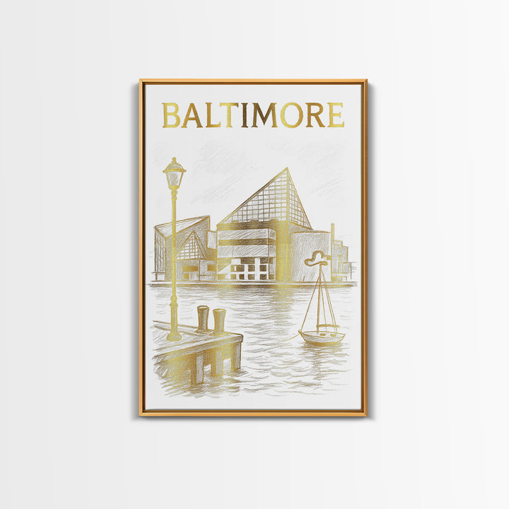 Baltimore Maryland Travel Poster, Framed Canvas Print, White And Gold Sketch Art, Baltimore Art Print, Travel Wall Decor, City Art Print